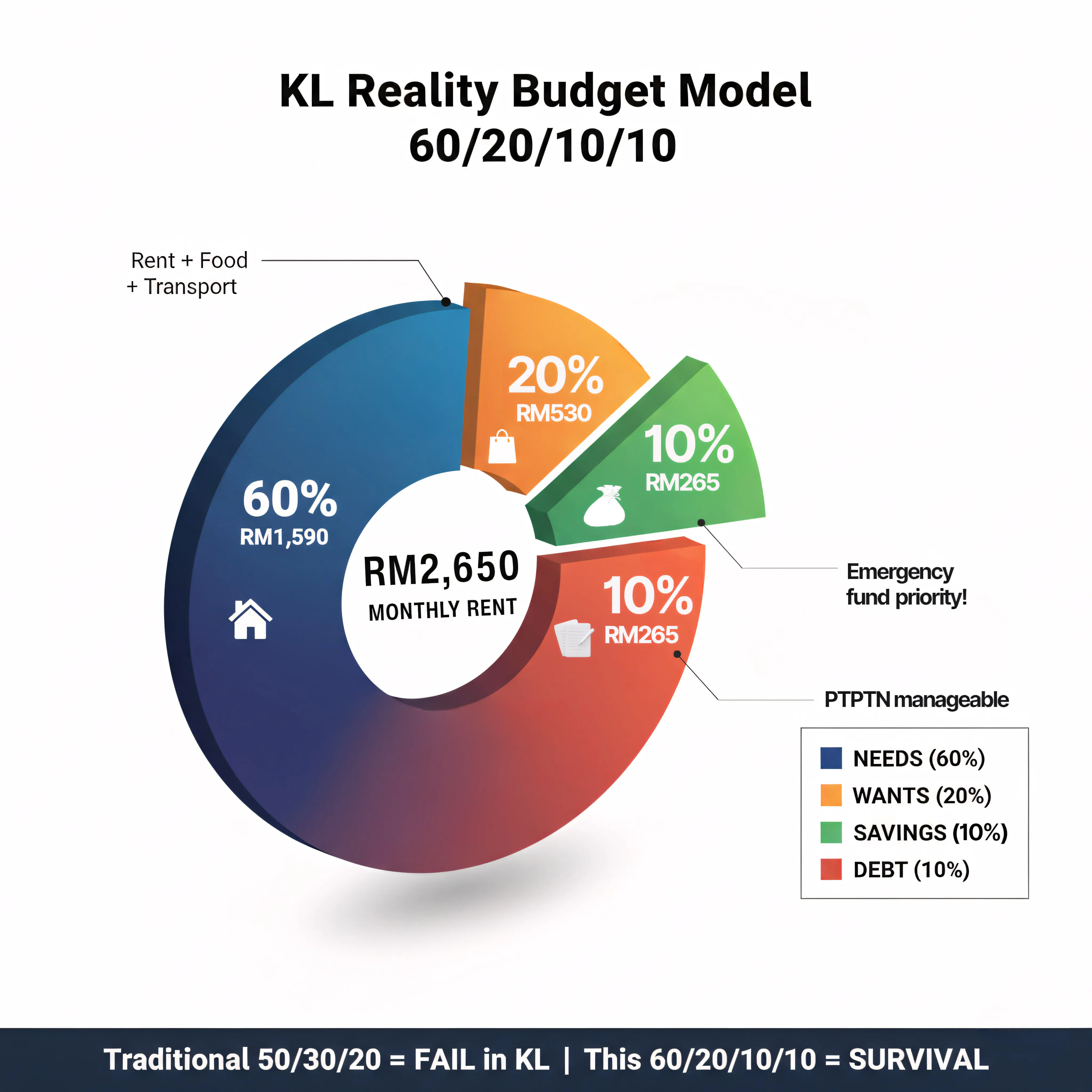 Budget split: 60% needs, 20% wants, 10% savings, 10% debt from RM2,650