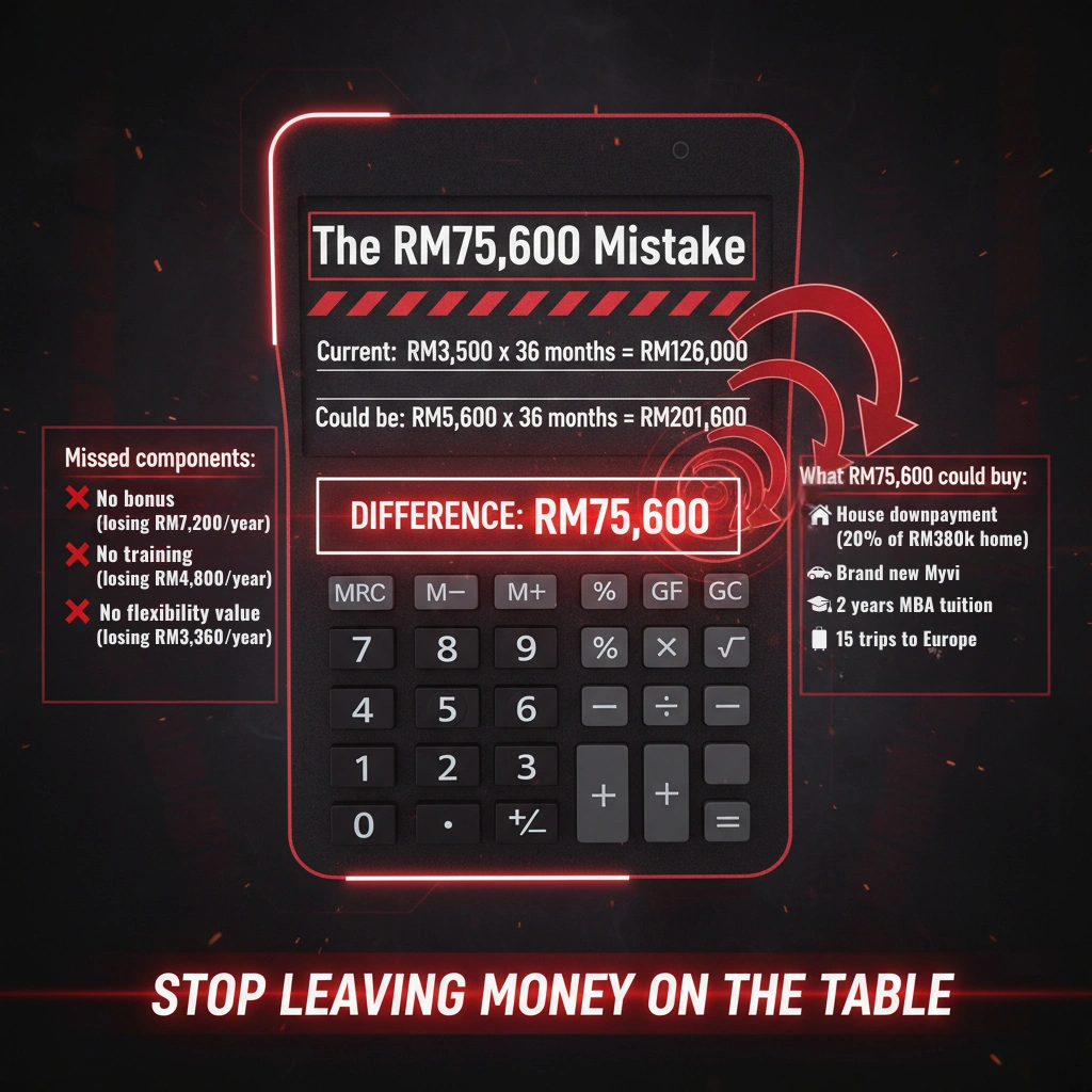 Total compensation breakdown: RM3500 base only vs RM5600 full package including bonuses and benefits
