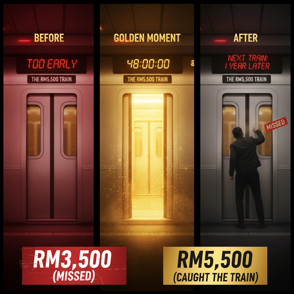 48-hour negotiation window timeline showing when to negotiate for RM5500 instead of accepting RM3500