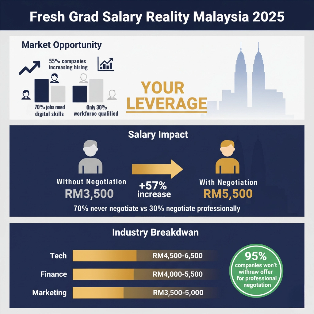 Fresh graduate salary data Malaysia 2025: RM3500 without negotiation vs RM5500 with negotiation, showing 55% hiring increase