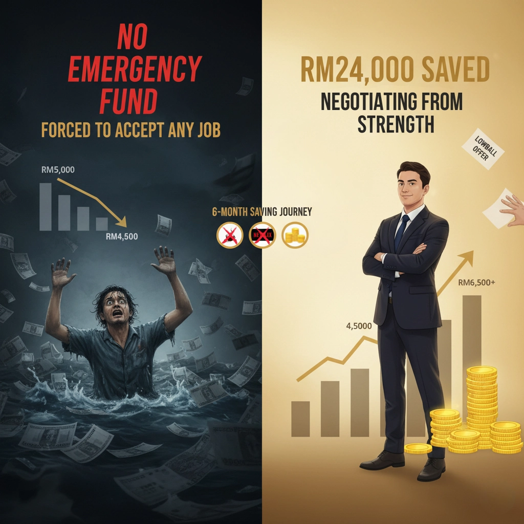 6-month emergency fund timeline from RM0 to RM24,000 showing freedom vs panic without savings