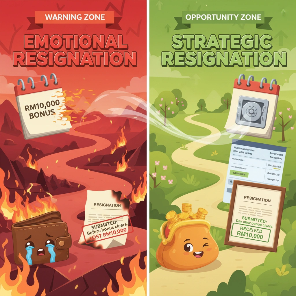 Resignation timing flowchart showing RM10,000 bonus loss risk vs strategic exit after bonus