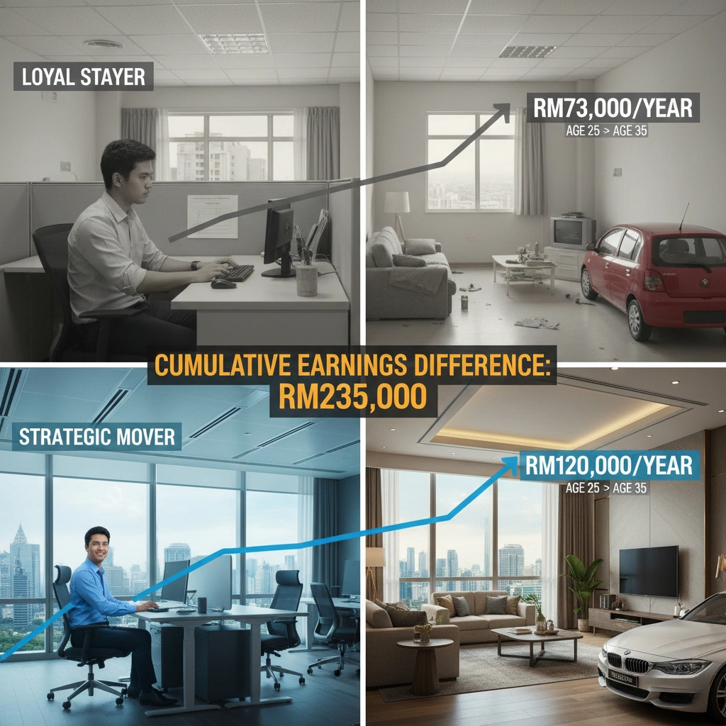 10-year comparison showing RM235,000 earnings difference between job stayers vs strategic movers