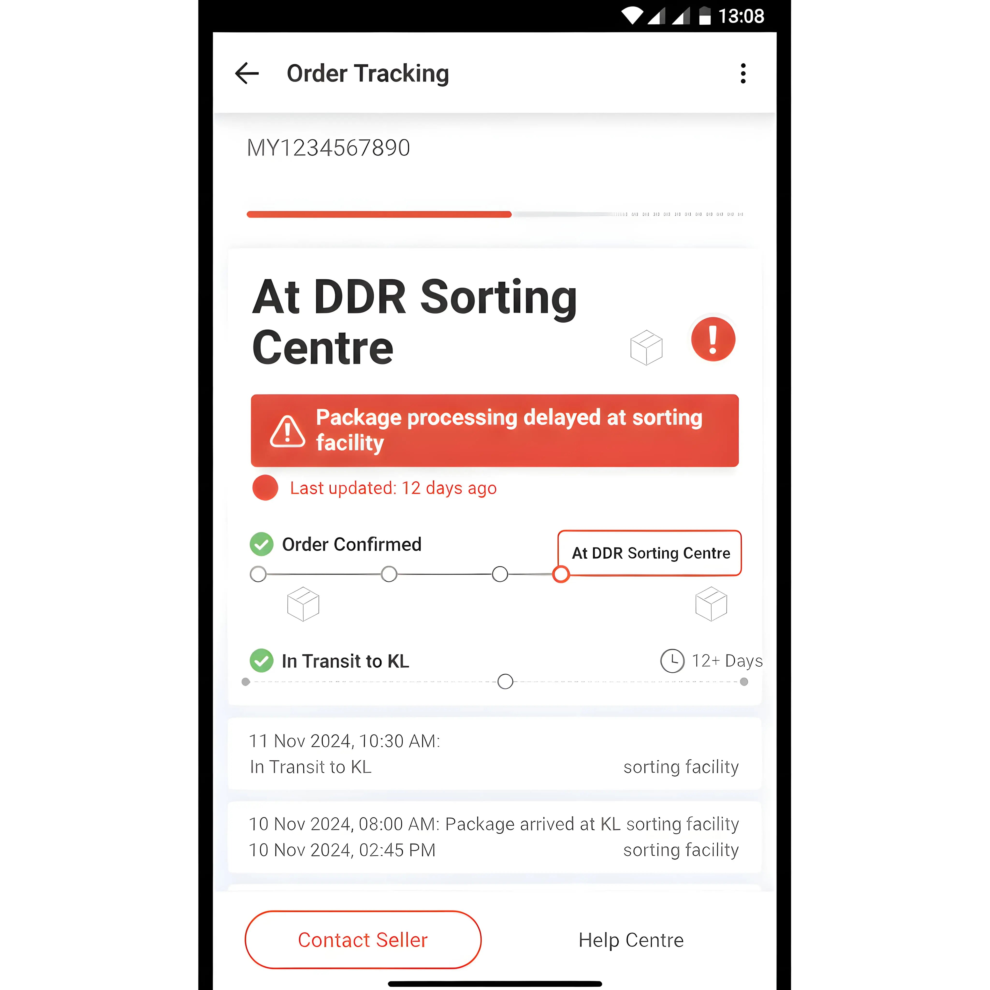 DDR sorting centre tracking showing package stuck status