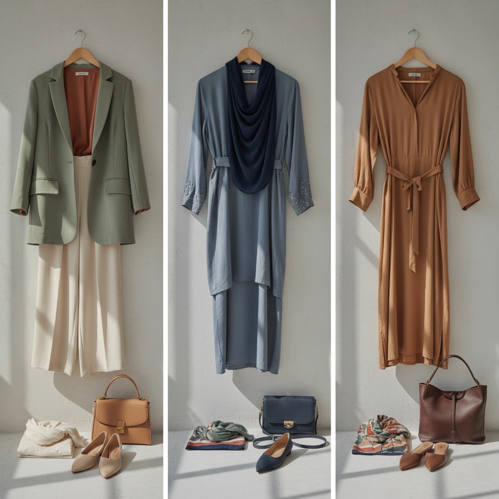 Three modest office outfits: blazer-kurung combo, wide pants with blouse, midi dress with cardigan for Malaysian professionals
