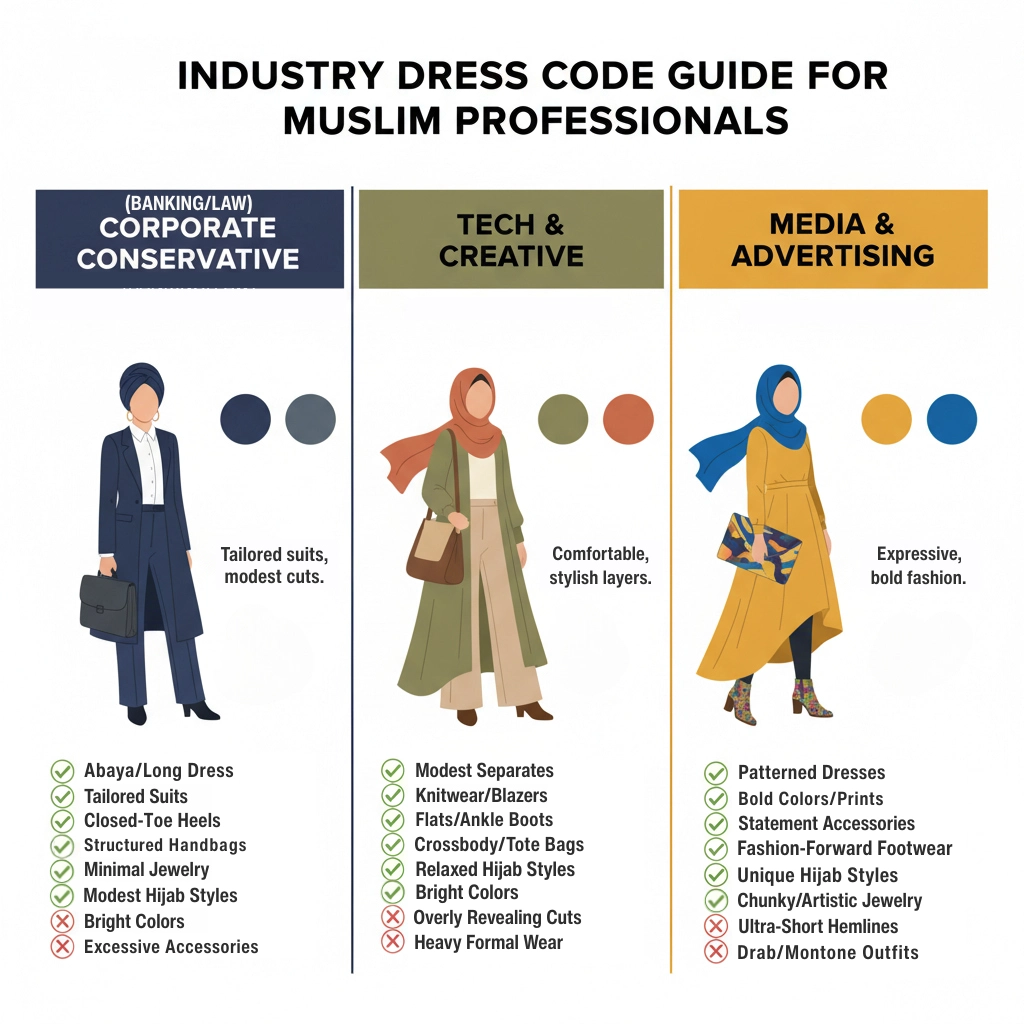 Infographic comparing dress codes for Malaysian Muslim professionals across banking, tech, and creative industries