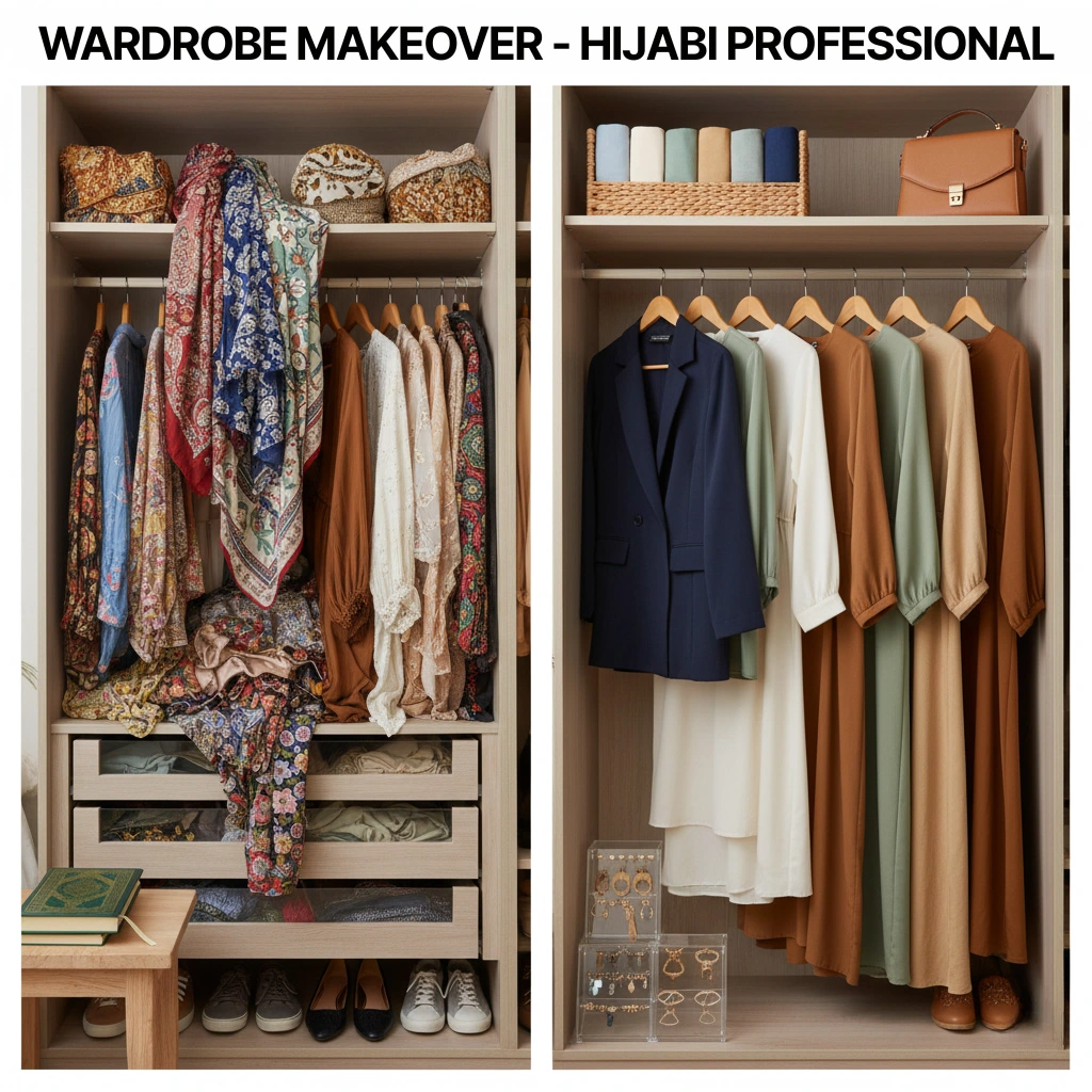 Split image showing cluttered wardrobe transformation to organized capsule wardrobe with modest professional clothing