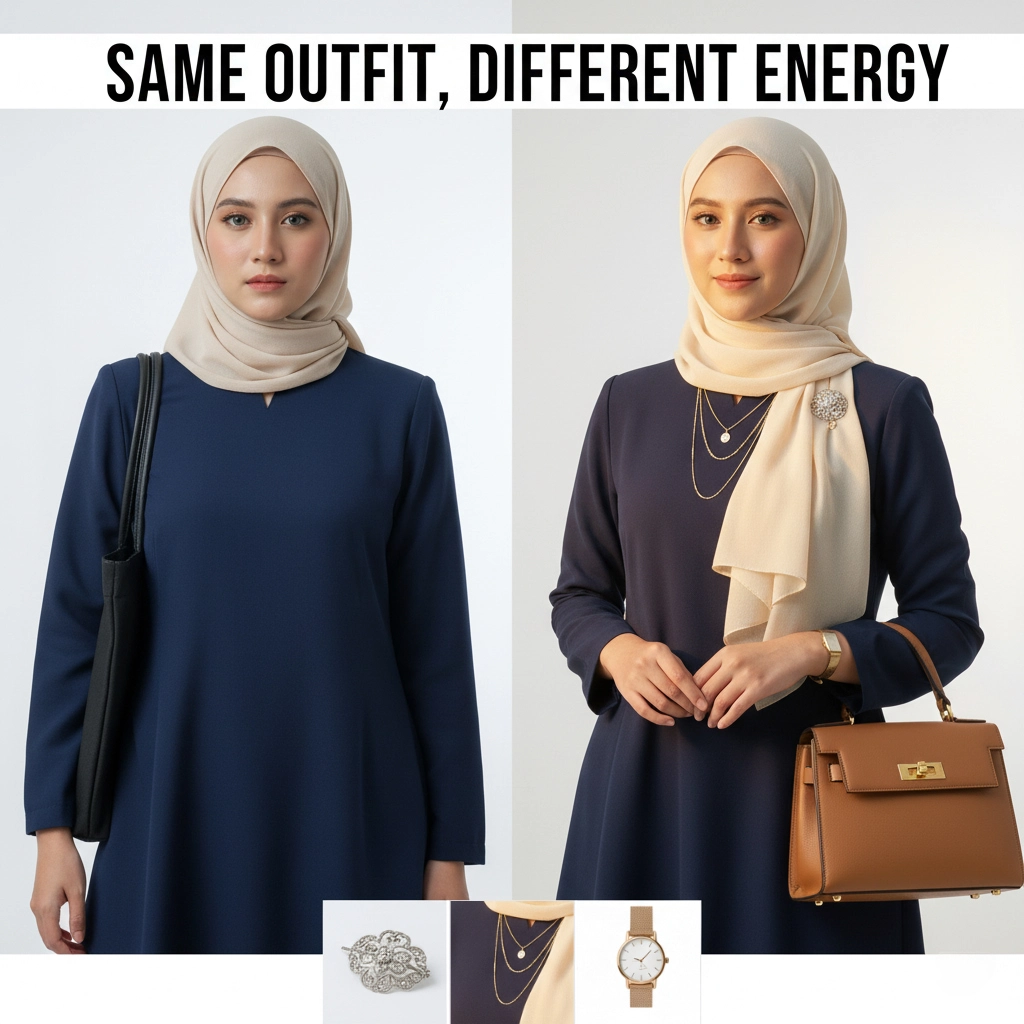Before and after comparison of same navy baju kurung styled plain versus elevated with accessories and hijab styling