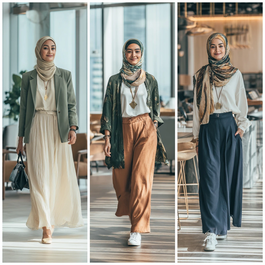 Three complete modest office looks: modern traditional, global modest, and creative professional styles for Malaysian women