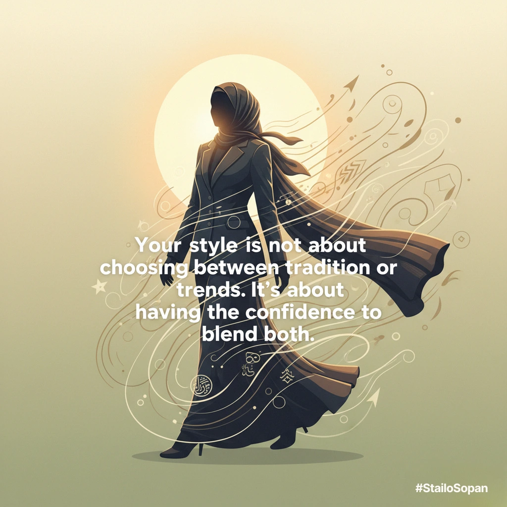 Inspirational quote card: Your style is not about choosing between tradition or trends, with sage green gradient background