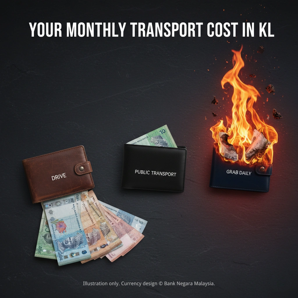 Three wallets showing monthly transport costs - Drive RM529, Public RM50, Grab RM1500 on fire