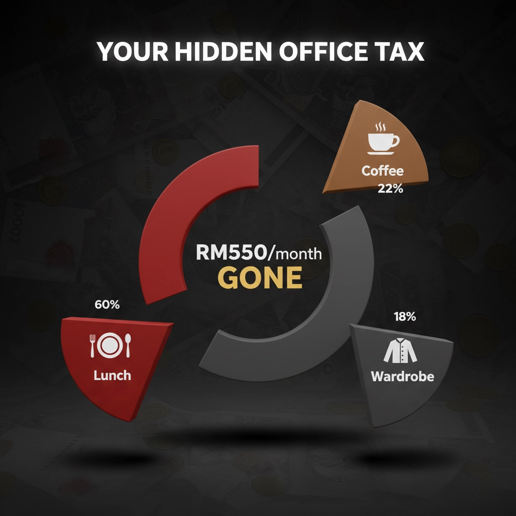 Pie chart showing RM550 monthly office expenses - Lunch RM330, Coffee RM120, Wardrobe RM100