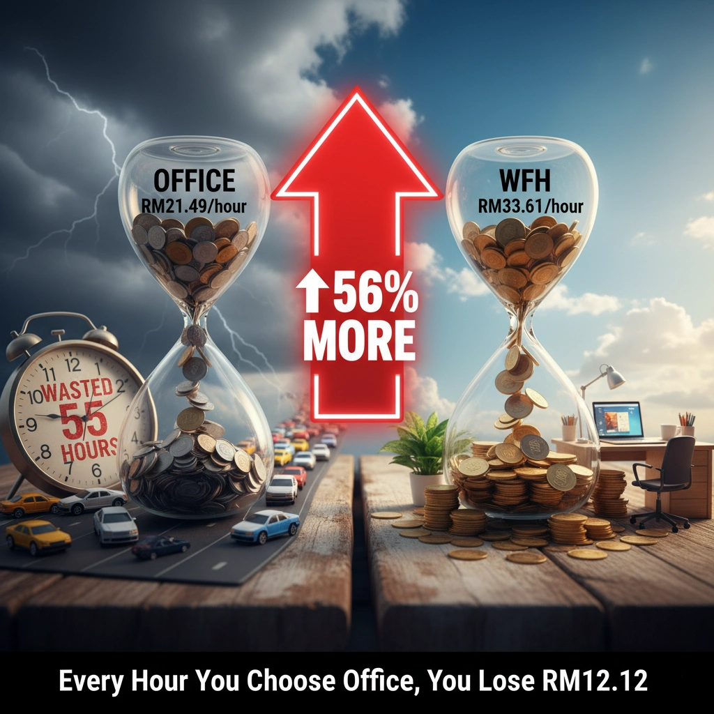 Two hourglasses comparing office RM21.49 per hour versus WFH RM33.61 per hour - 56% difference
