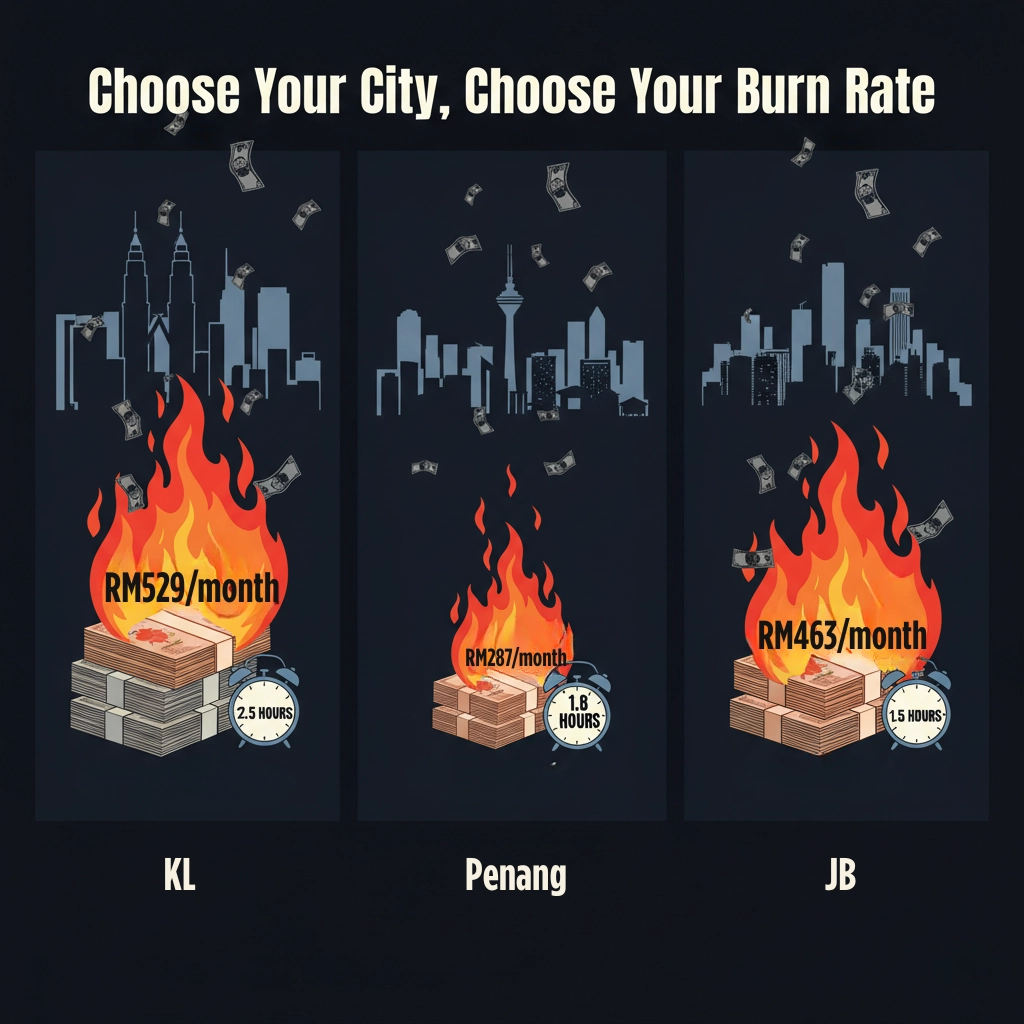 KL, Penang and JB skylines with money burning - RM529, RM287, RM463 monthly commute costs