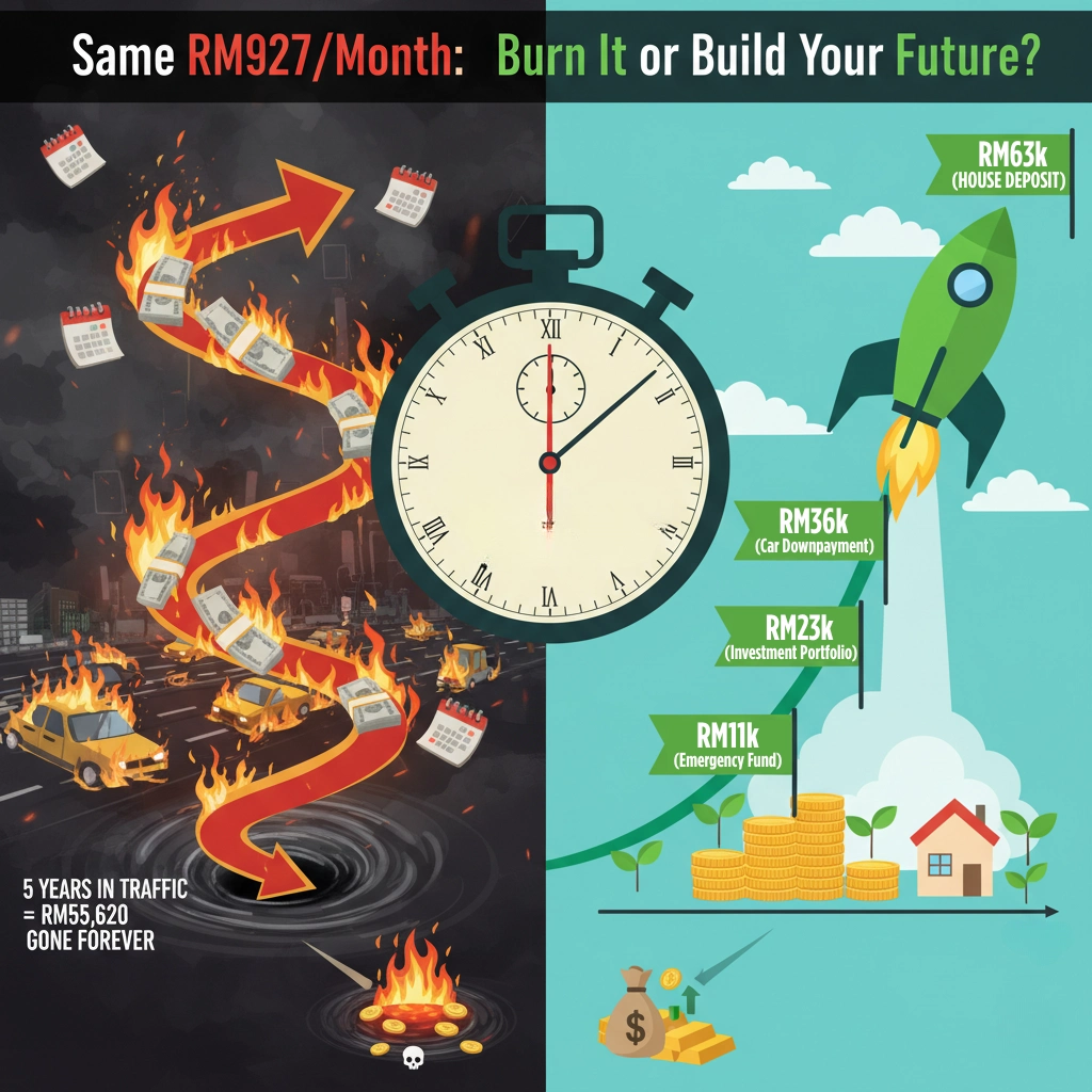 Split screen showing RM55,620 burning in traffic versus RM63,000 house deposit from investing savings